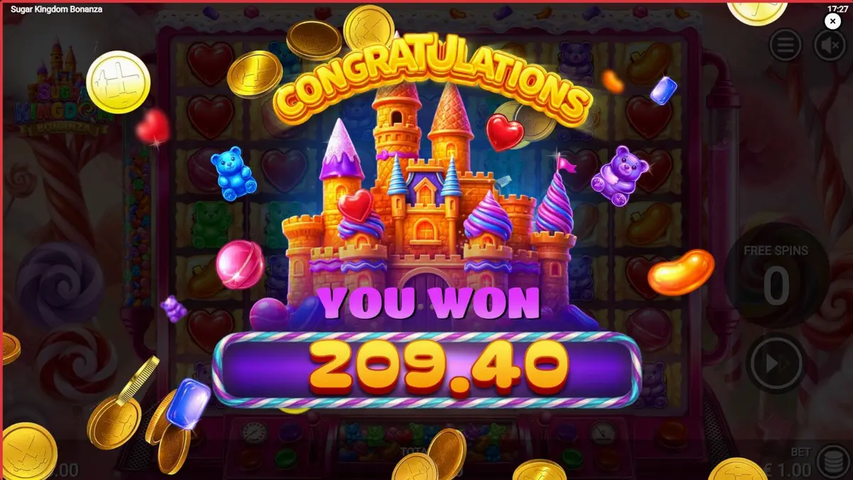 Giao diện trò chơi slot Sugar Kingdom Bonanza với các biểu tượng kẹo đầy màu sắc